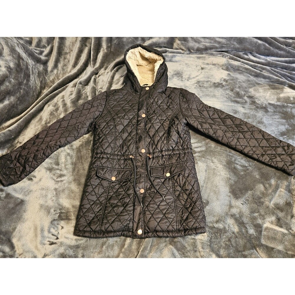 ME JANE Women's Black Diamond Quilted Hooded Jacket Pockets Snap Mid-Length M